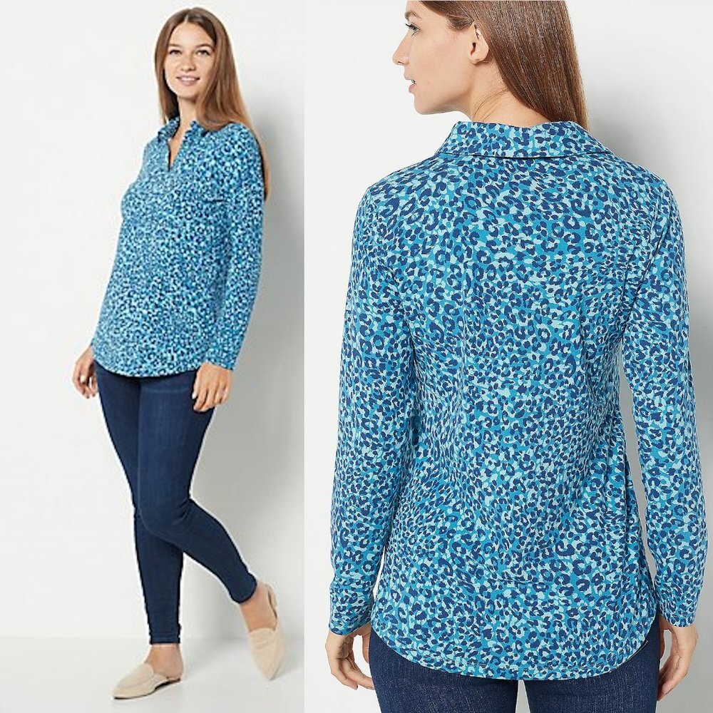 New Isaac Mizrahi Printed Split-Neck Collared Blue Long Sleeve Shirt Size 2X